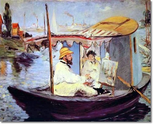 edouard-manet-claude-monet-painting-on-his-studio-boat-1874